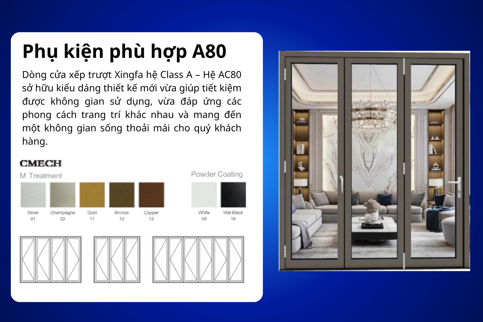 Mẫu cửa xếp trượt mở 3 cánh Xingfa Class A hệ AC80 