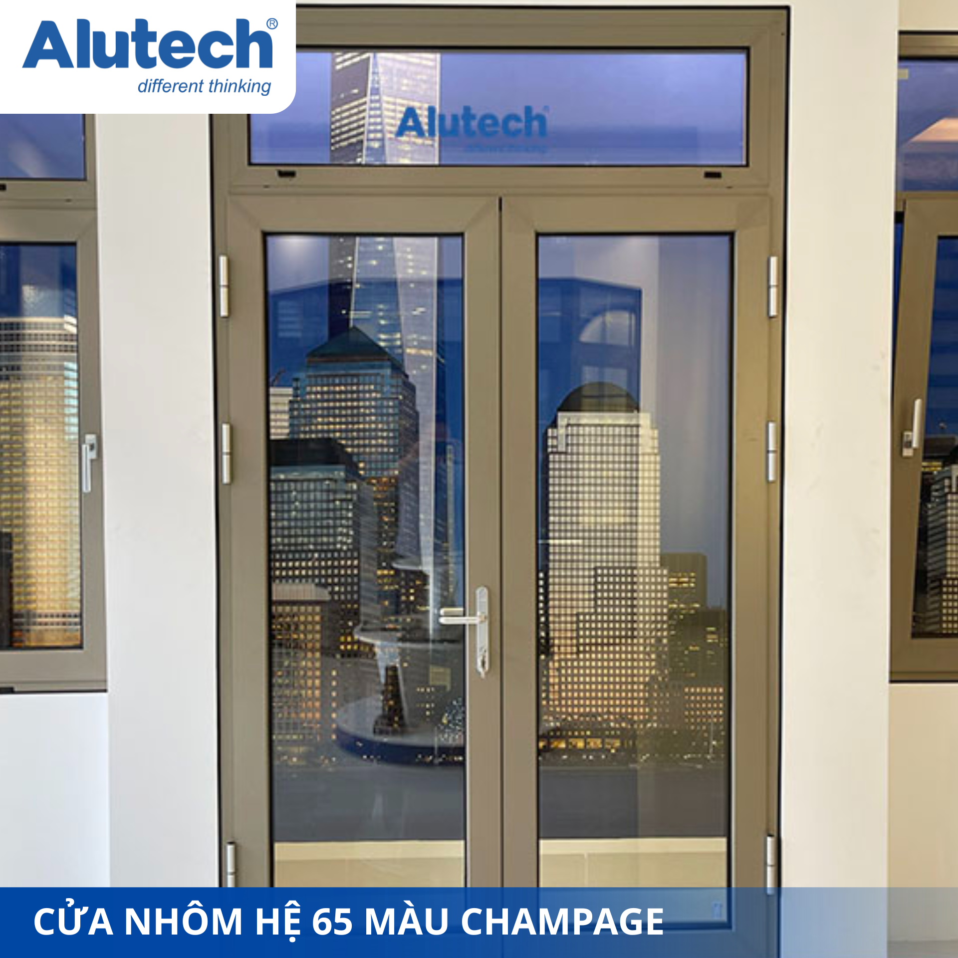 Cửa nhôm hệ 65 màu champage mở hai cảnh Kết hợp khóa đa điểm 